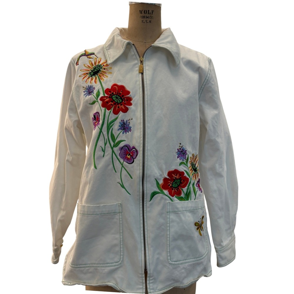 Bob Mackie Wearable Art Womens White Floral Embroidered Cotton Zip Jacket M